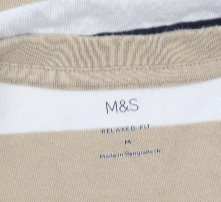 Marks and Spencer Men's Beige Striped Relaxed Fit T-Shirt M