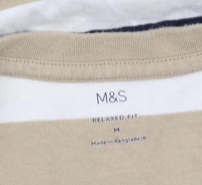 Marks and Spencer Men's Beige Striped Relaxed Fit T-Shirt M