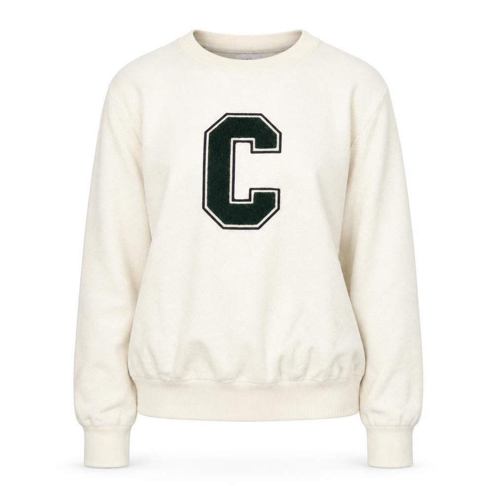 Front view of Celio unisex ivory cotton pullover sweatshirt m logo college style