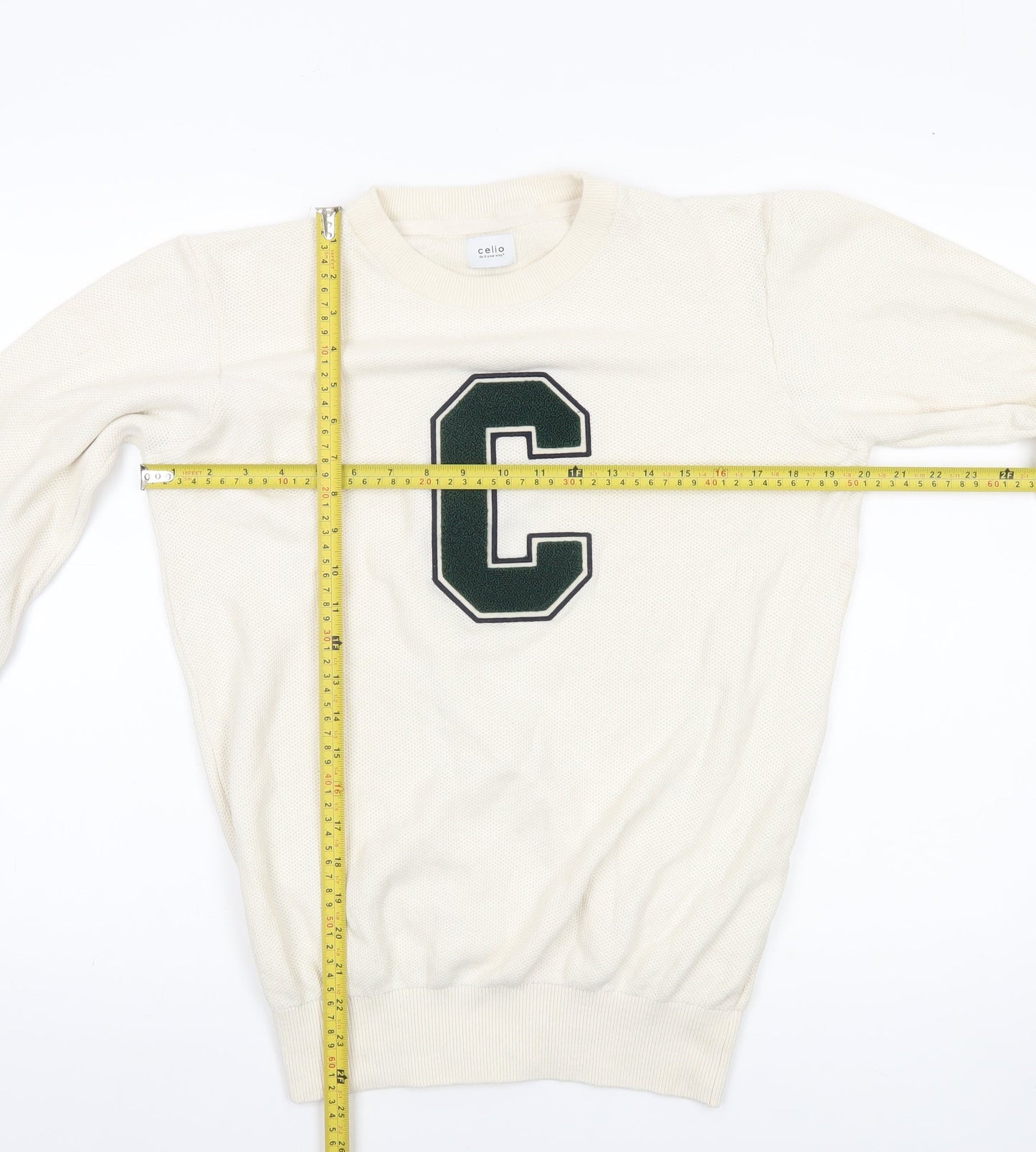 Celio Unisex Ivory Cotton Pullover Sweatshirt M Logo College Style