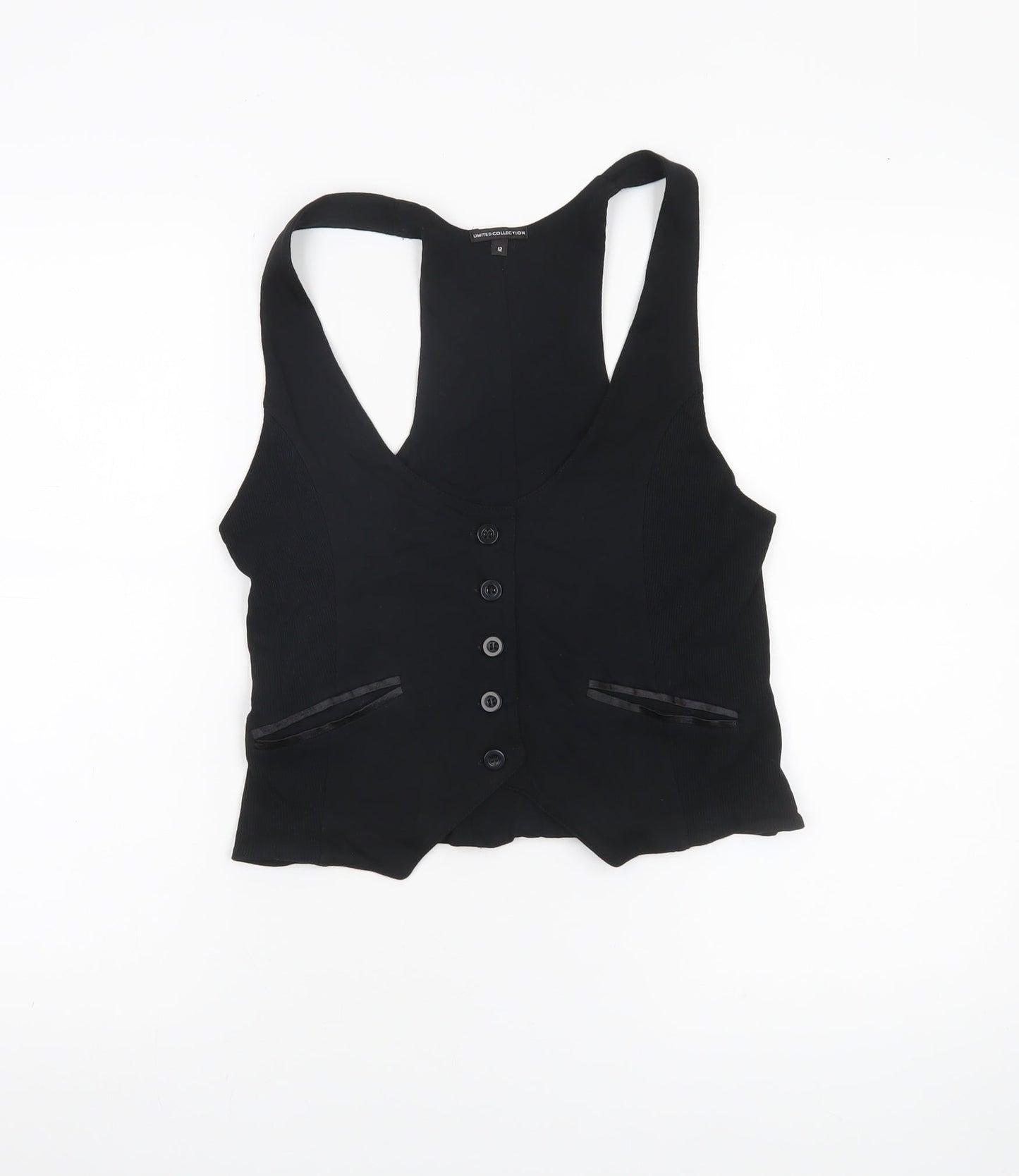 Marks and Spencer Womens Black Size 12 Sleeveless V-Neck Button Blouse