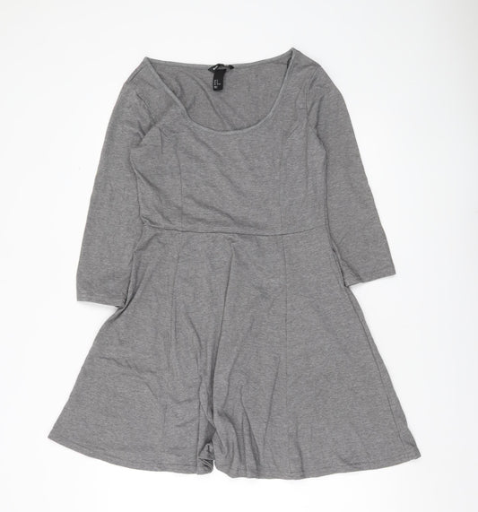 H&M Women Grey Skater Dress Size 12 Scoop Neck 3/4 Sleeve Casual