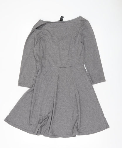H&M Women Grey Skater Dress Size 12 Scoop Neck 3/4 Sleeve Casual