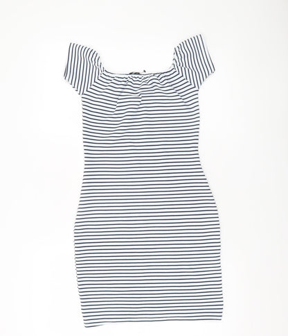 Missguided Women’s White Striped Bodycon Dress Size 6 Off Shoulder