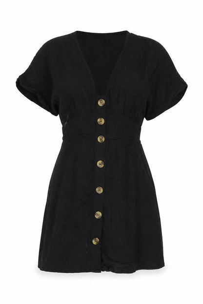 Front view of ASOS Women’s Black, size UK 6, Short Shirt Dress Cotton V-Neck Casual
