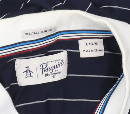 Penguin Men’s Blue Striped Slim Fit Polo Shirt Size L
