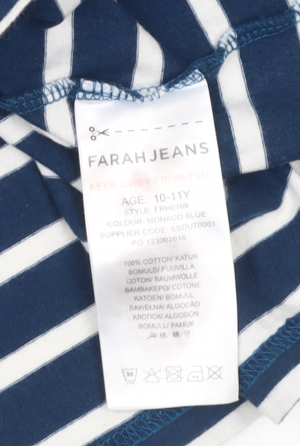 Farah Jeans Boys Blue Striped Cotton T-Shirt 10-11 Years Casual Crew Neck