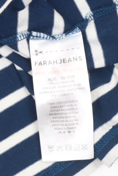 Farah Jeans Boys Blue Striped Cotton T-Shirt 10-11 Years Casual Crew Neck