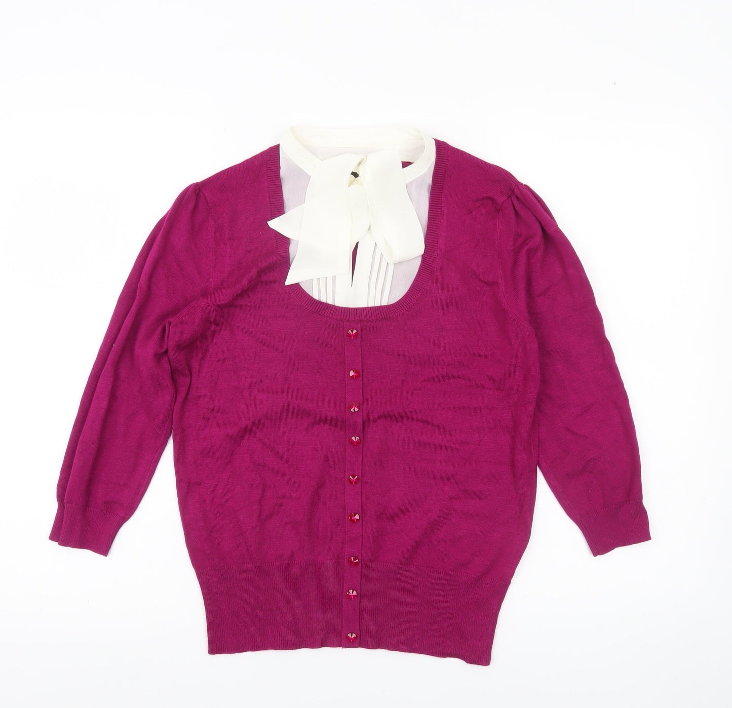 F&F Womens Purple 3/4 Sleeve Cardigan Size 12 Scoop Neck Bow Detail