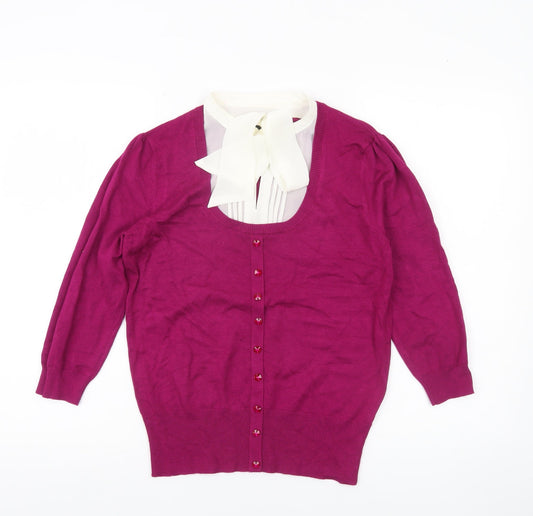 F&F Womens Purple 3/4 Sleeve Cardigan Size 12 Scoop Neck Bow Detail