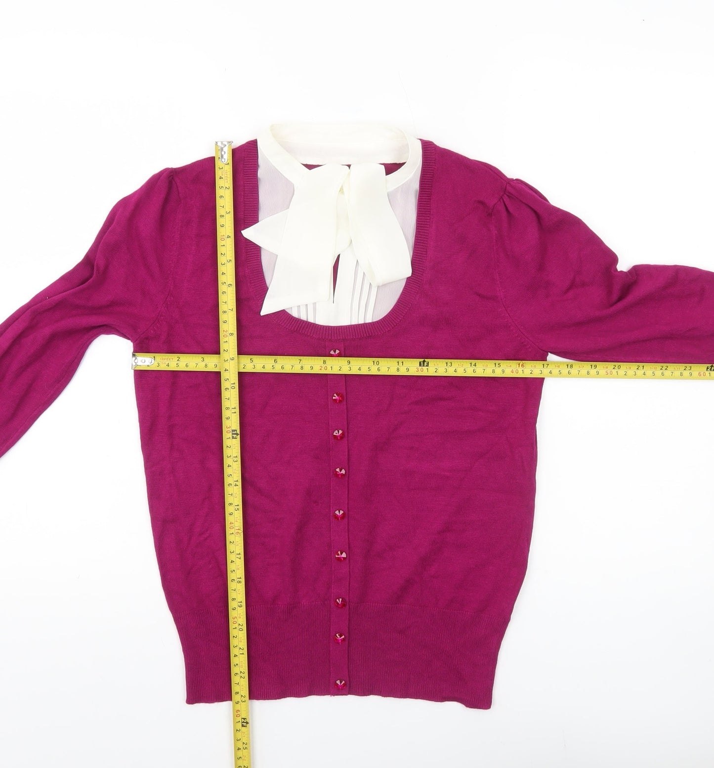 F&F Womens Purple 3/4 Sleeve Cardigan Size 12 Scoop Neck Bow Detail