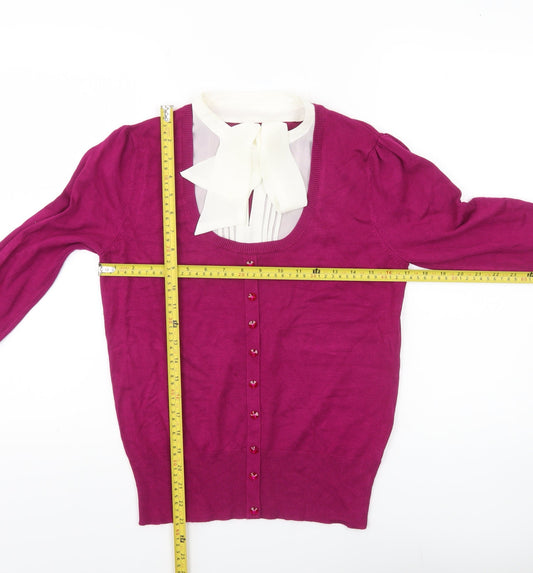 F&F Womens Purple 3/4 Sleeve Cardigan Size 12 Scoop Neck Bow Detail