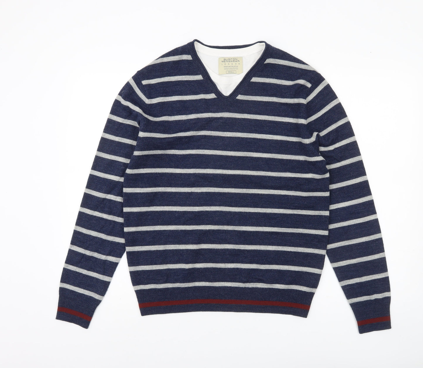 Burton Menswear Men Blue Striped V-Neck Pullover Jumper Size S