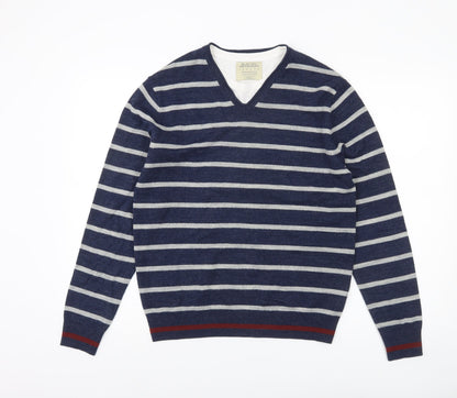 Burton Menswear Men Blue Striped V-Neck Pullover Jumper Size S