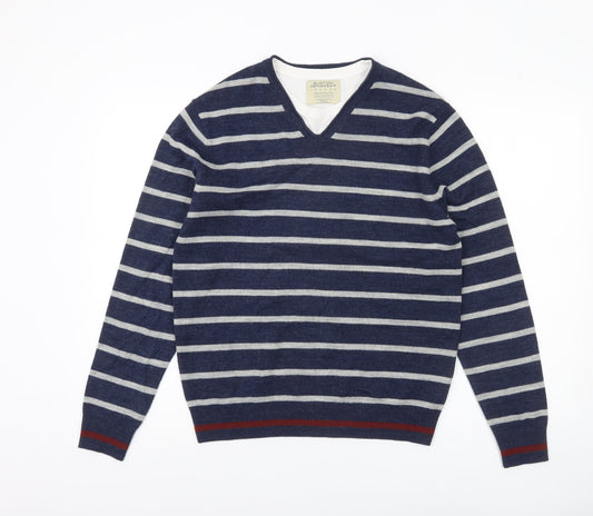 Burton Menswear Men Blue Striped V-Neck Pullover Jumper Size S