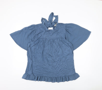 Kim & Carni Womens Blue XL Tunic Blouse Ruffle Tie Neck Flutter Sleeve