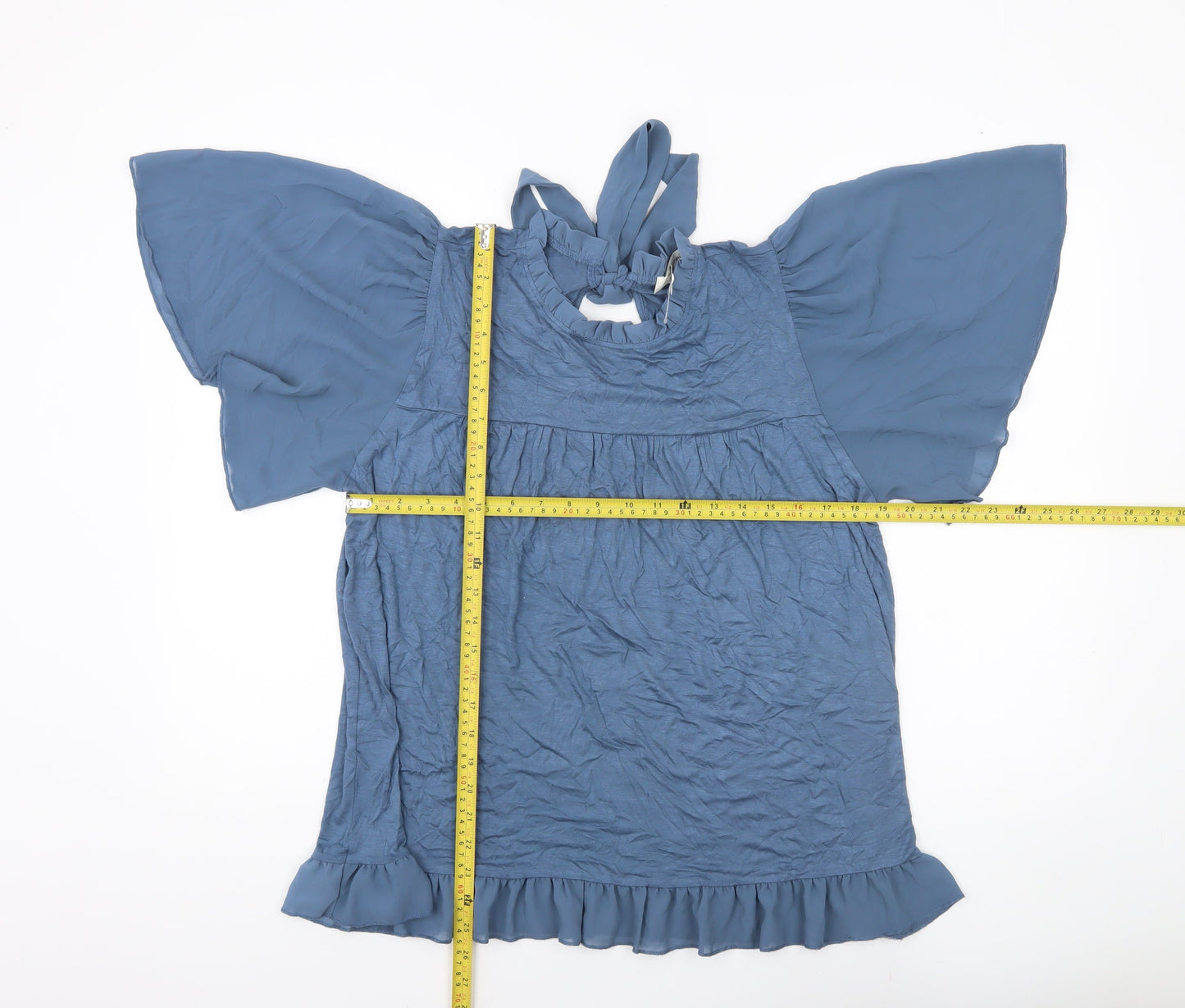 Kim & Carni Womens Blue XL Tunic Blouse Ruffle Tie Neck Flutter Sleeve