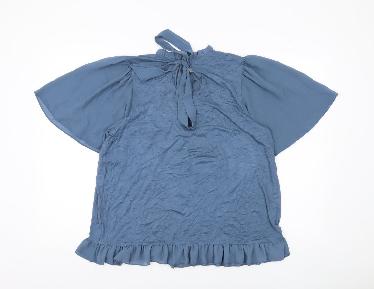 Kim & Carni Womens Blue XL Tunic Blouse Ruffle Tie Neck Flutter Sleeve