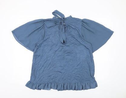Kim & Carni Womens Blue XL Tunic Blouse Ruffle Tie Neck Flutter Sleeve