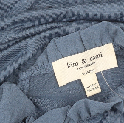 Kim & Carni Womens Blue XL Tunic Blouse Ruffle Tie Neck Flutter Sleeve