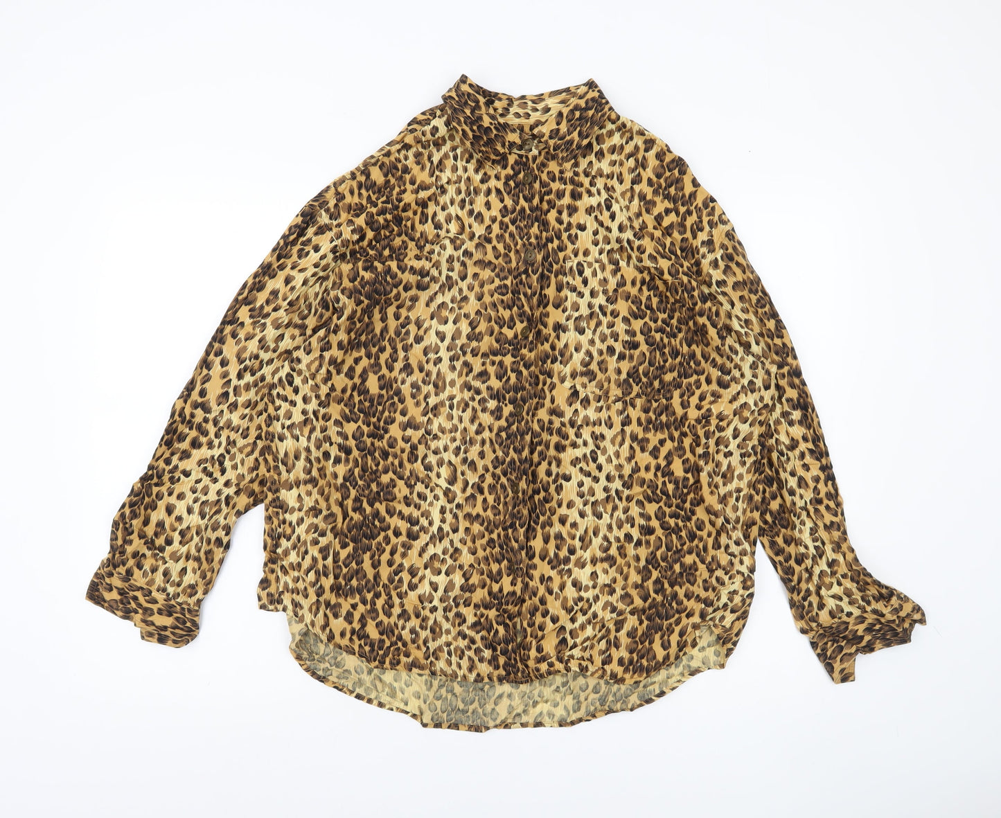 Lizwear Women Brown Animal Print Rayon Tunic Blouse Long Sleeve L