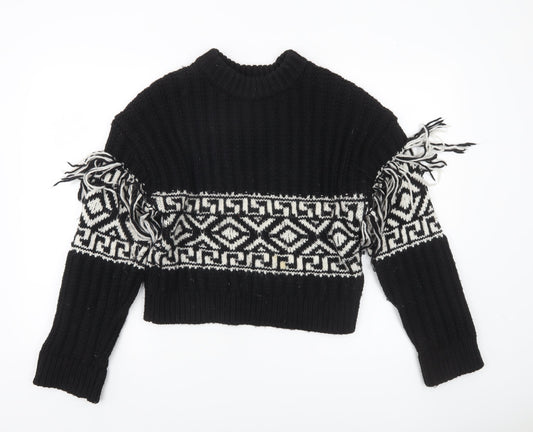 H&M Womens Black XS Geometric Fringe Knit Pullover Jumper