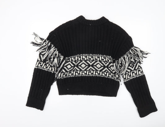 H&M Womens Black XS Geometric Fringe Knit Pullover Jumper