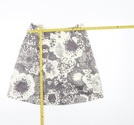 H&M Women Grey Ivory Floral A-Line Knee Length Cotton Skirt Size 8