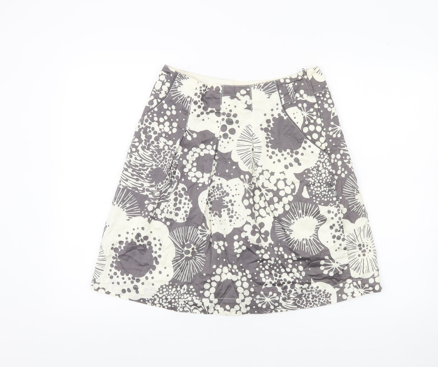 H&M Women Grey Ivory Floral A-Line Knee Length Cotton Skirt Size 8
