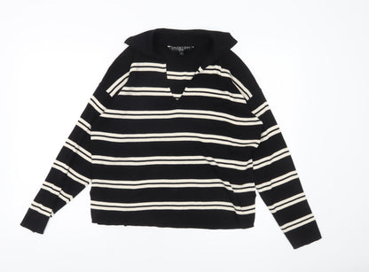 Studio Edit Women’s Black Striped Cotton Collared Jumper Size S