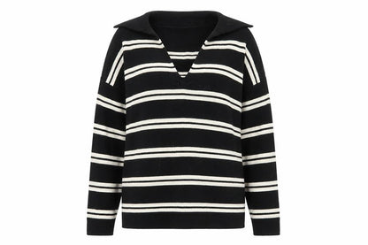 Studio Edit Women’s Black Striped Cotton Collared Jumper Size S