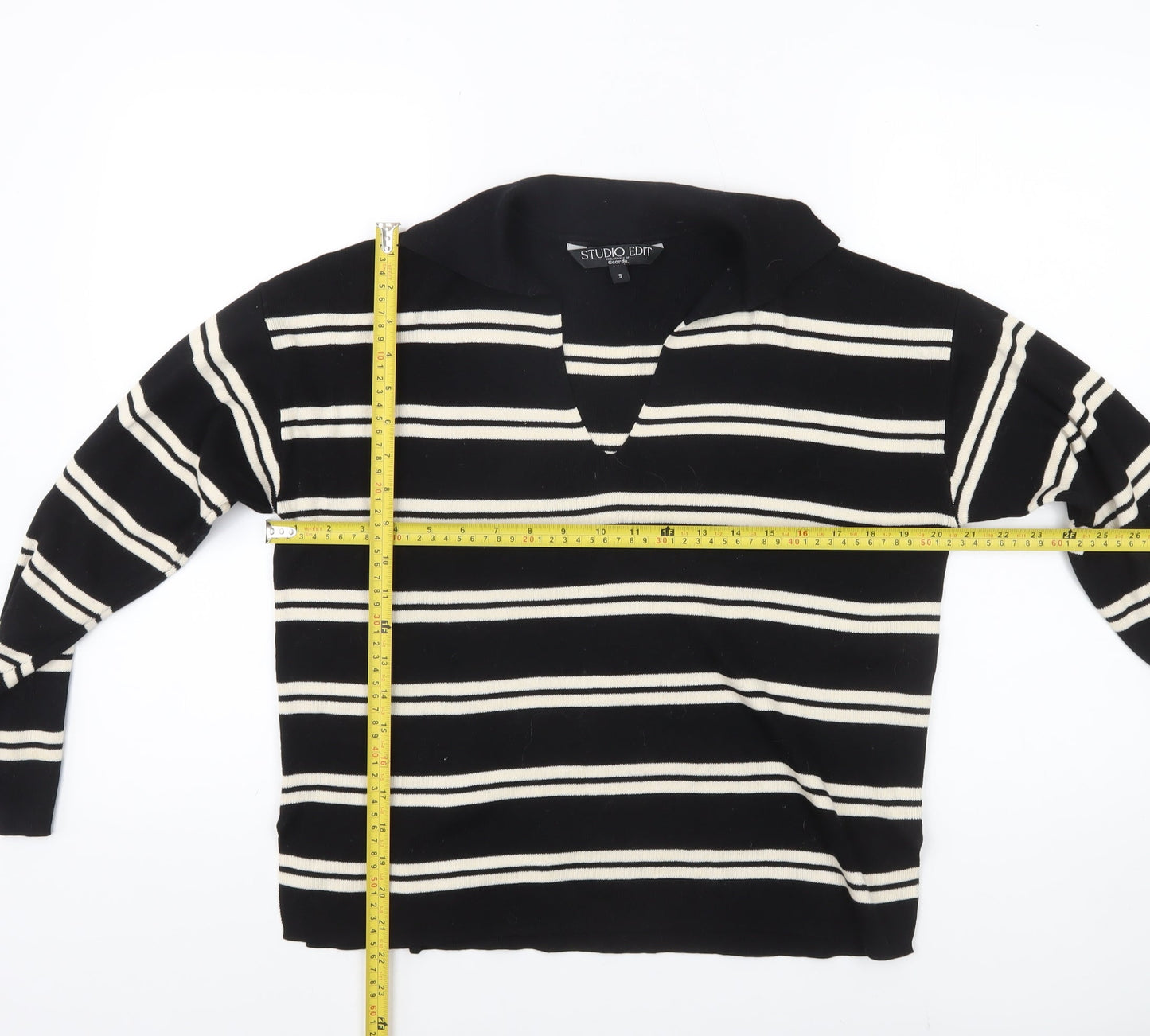 Studio Edit Women’s Black Striped Cotton Collared Jumper Size S