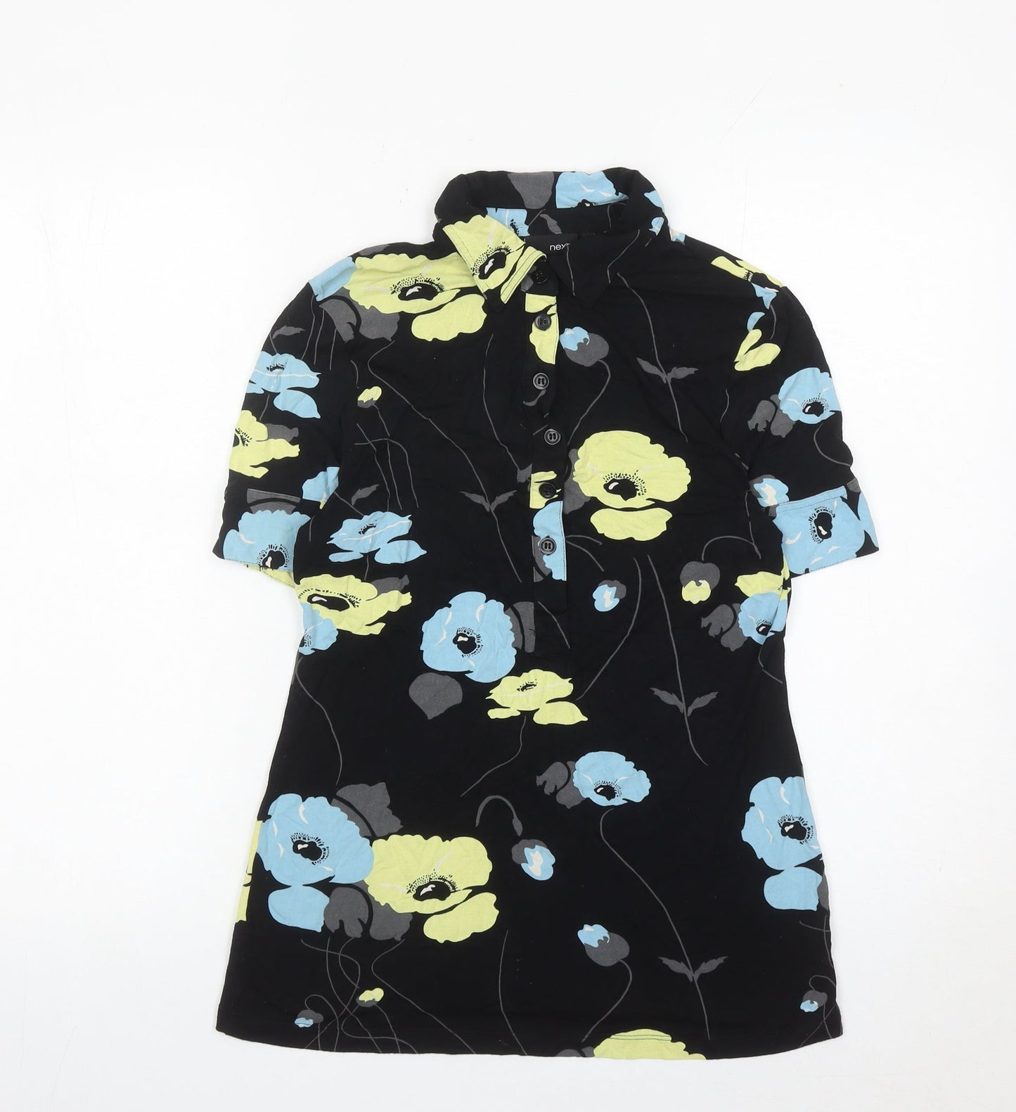 Next Women’s Black Floral Tunic Shirt Size 14 Short Sleeve Cotton Blend