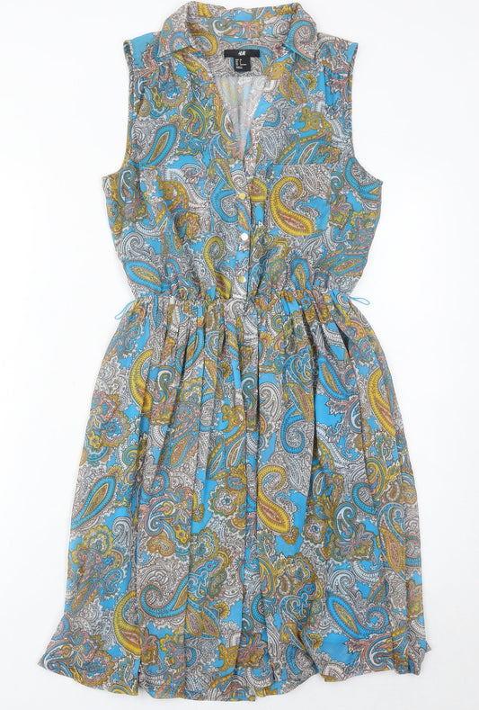 H&M Women’s Blue Paisley Shirt Dress Size 6 Sleeveless Knee Length