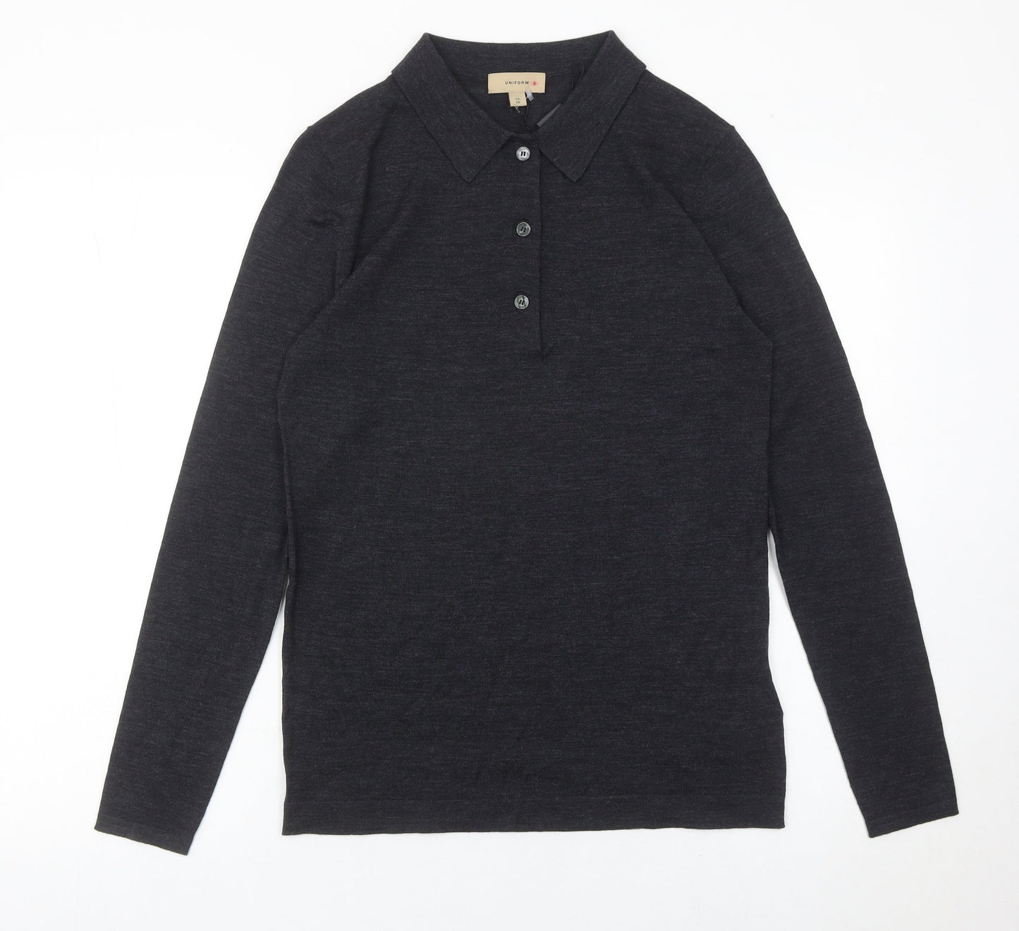 Burberry Men's Black Merino Wool Long Sleeve Polo Shirt XS Slim Fit