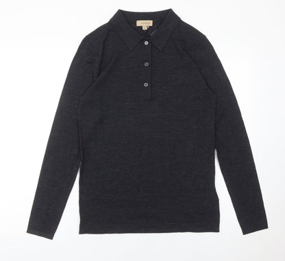 Burberry Men's Black Merino Wool Long Sleeve Polo Shirt XS Slim Fit