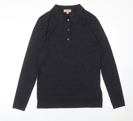 Burberry Men's Black Merino Wool Long Sleeve Polo Shirt XS Slim Fit