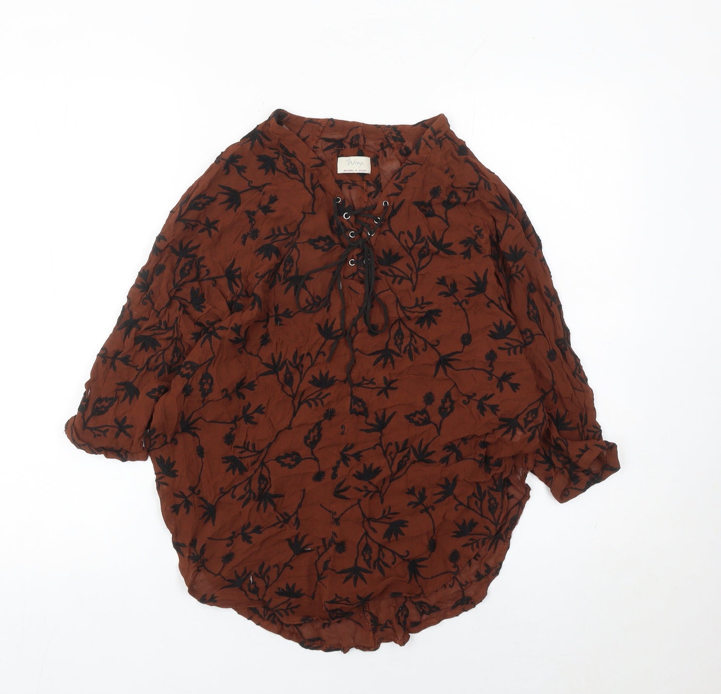 Wrap Womens Brown Floral Tunic Blouse Size 12 Viscose Lace Up
