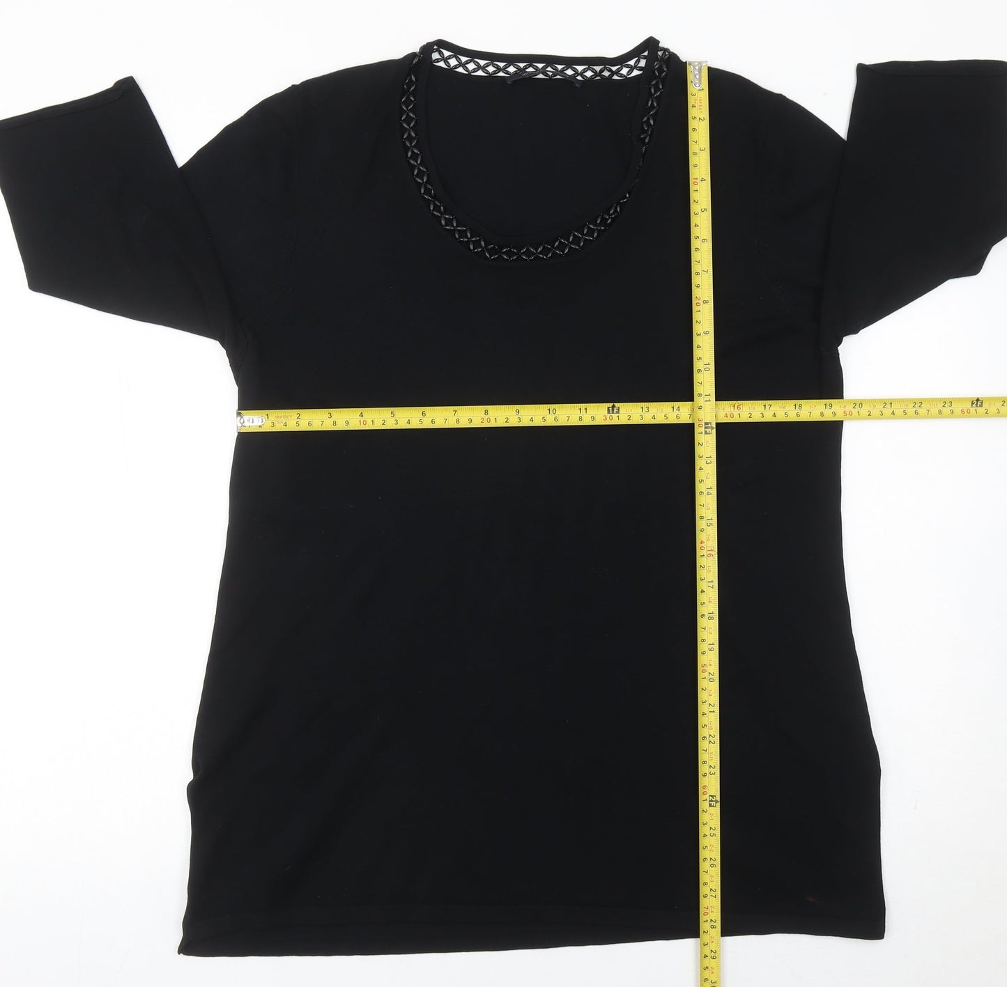 Windsmoor Womens Black Tunic Blouse L Beaded Scoop Neck 3/4 Sleeve