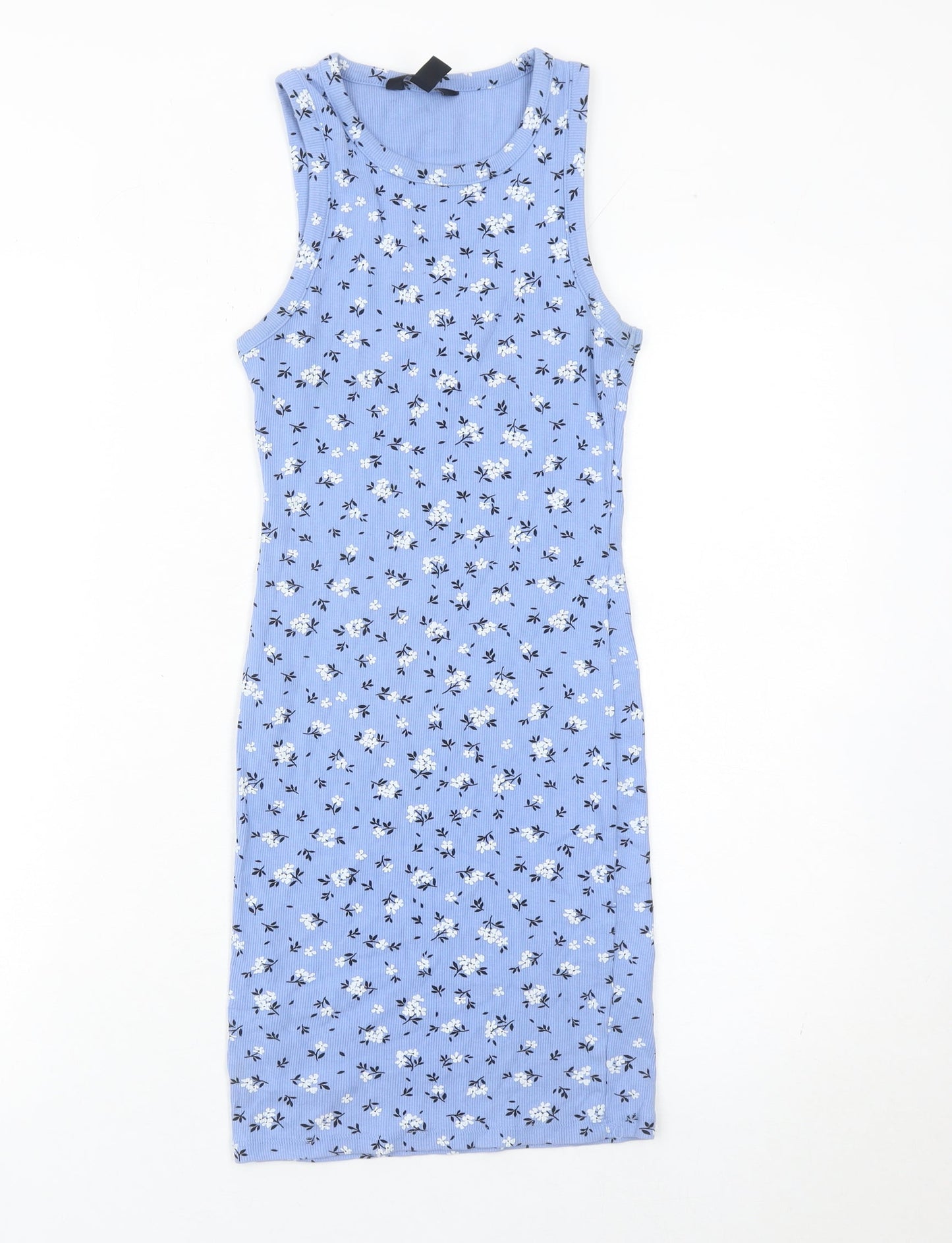 915 Girls Blue Floral Tank Dress Age 12-13 Jersey Cotton Knee Length