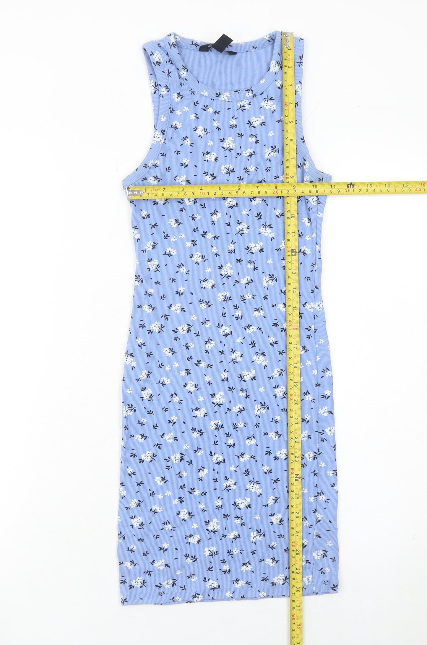 915 Girls Blue Floral Tank Dress Age 12-13 Jersey Cotton Knee Length
