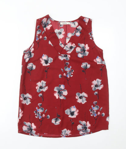 ChaCha Women’s Red Floral Sleeveless V-Neck Tunic Blouse Size S