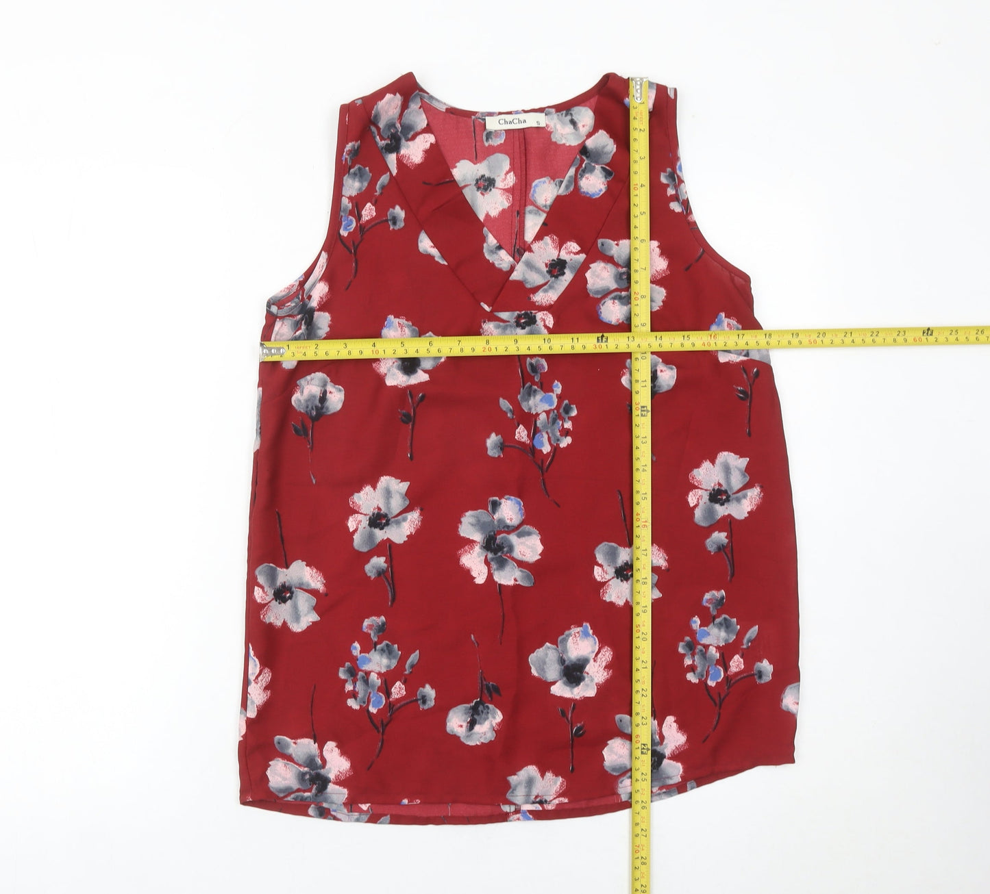 ChaCha Women’s Red Floral Sleeveless V-Neck Tunic Blouse Size S