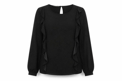 Monsoon Women Black Polka Dot Ruffle Long Sleeve Blouse Size 10