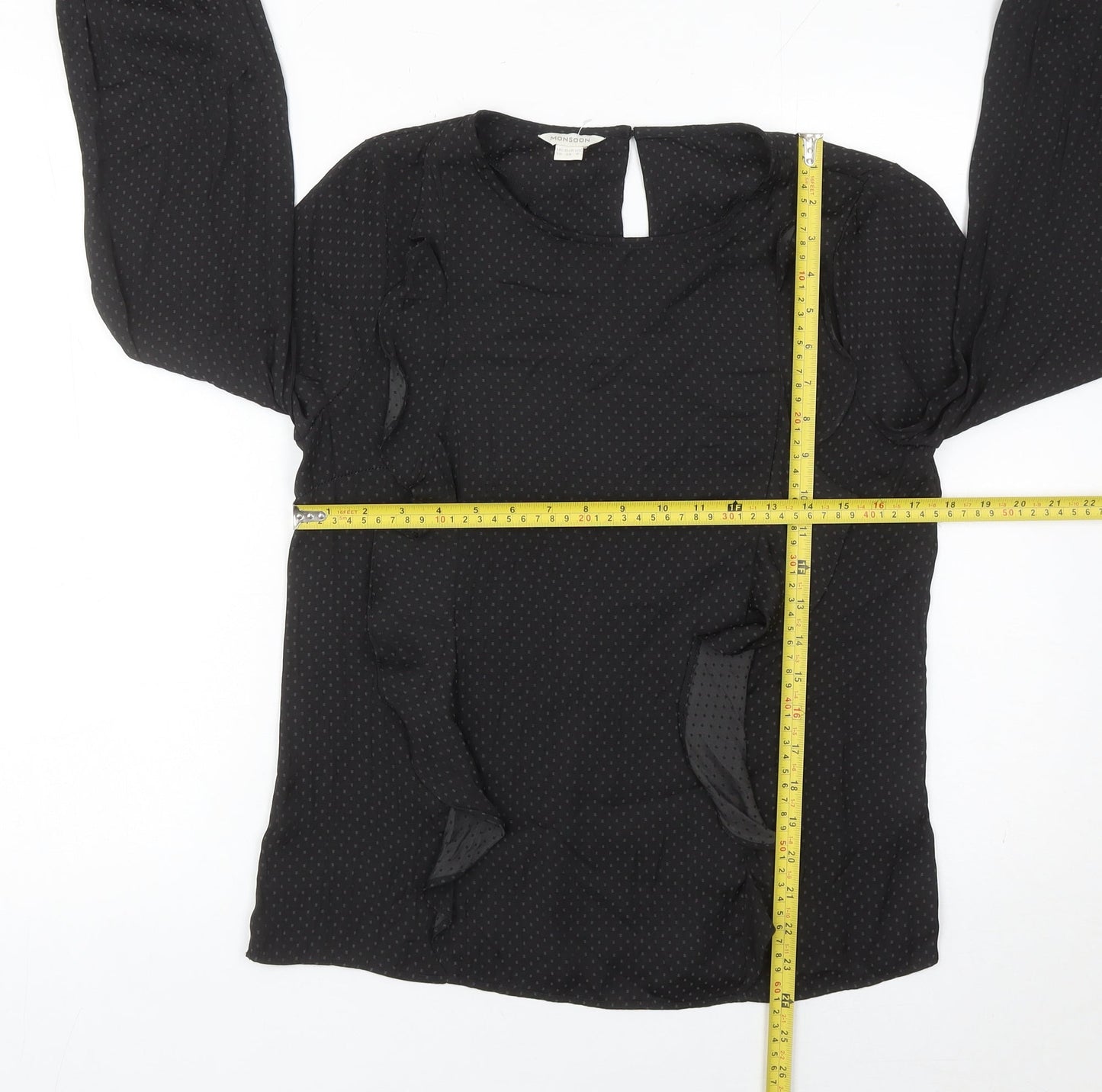 Monsoon Women Black Polka Dot Ruffle Long Sleeve Blouse Size 10