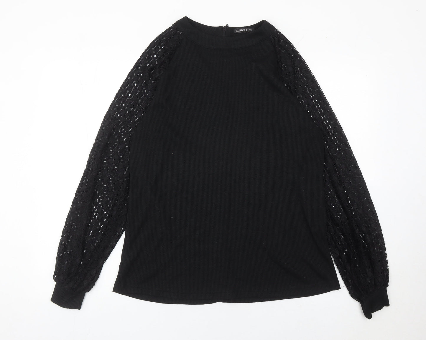 MIHOLL Womens Black Lace Sleeve Blouse Size L Long Sleeve Top