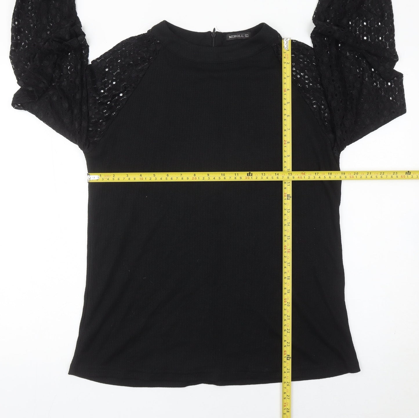 MIHOLL Womens Black Lace Sleeve Blouse Size L Long Sleeve Top