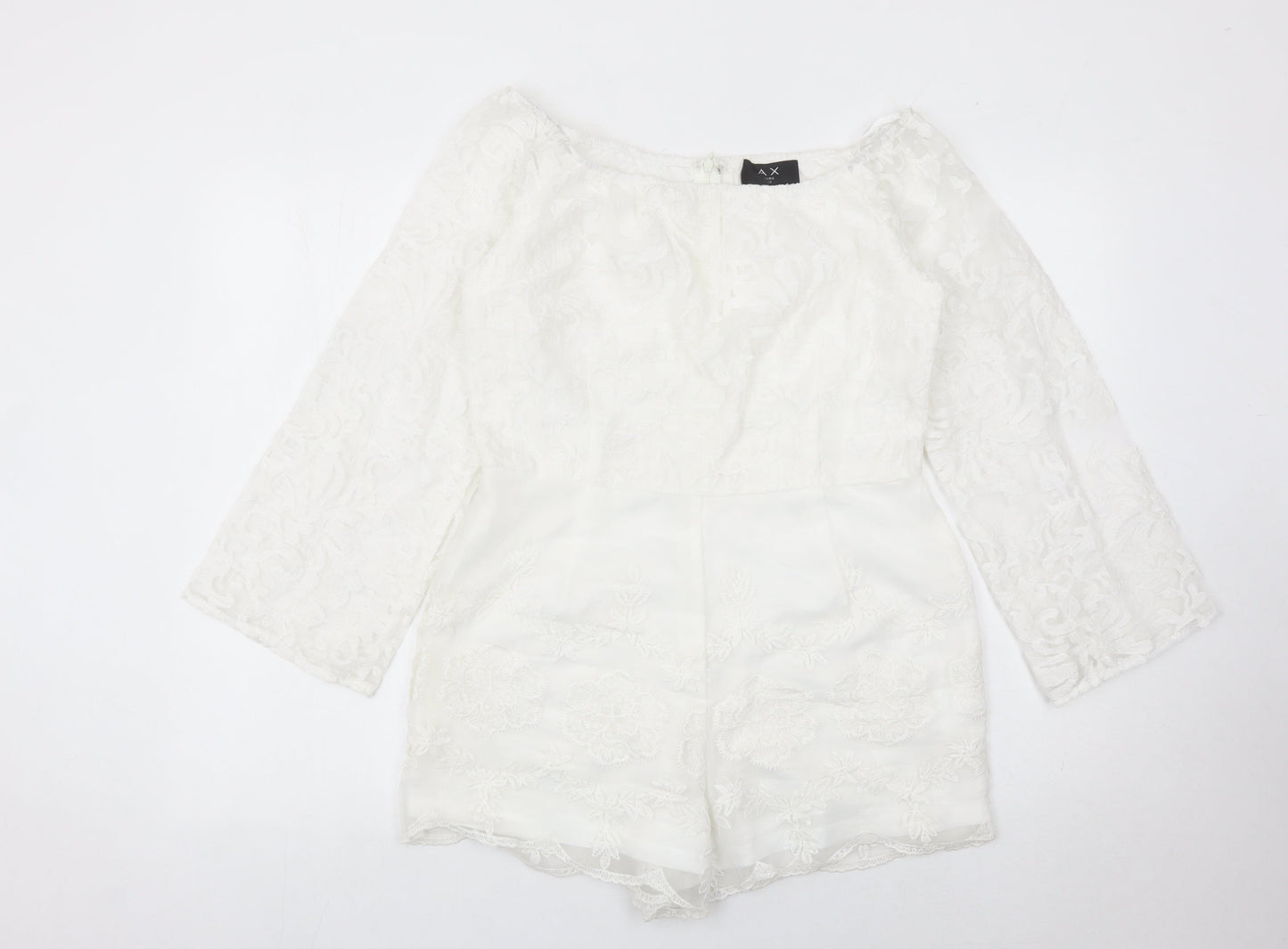 AX Paris Women White Lace Playsuit Size 14 Long Sleeve Party Romper