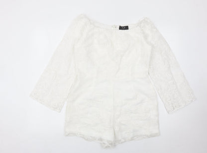 AX Paris Women White Lace Playsuit Size 14 Long Sleeve Party Romper