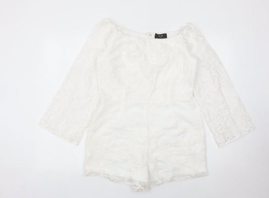AX Paris Women White Lace Playsuit Size 14 Long Sleeve Party Romper